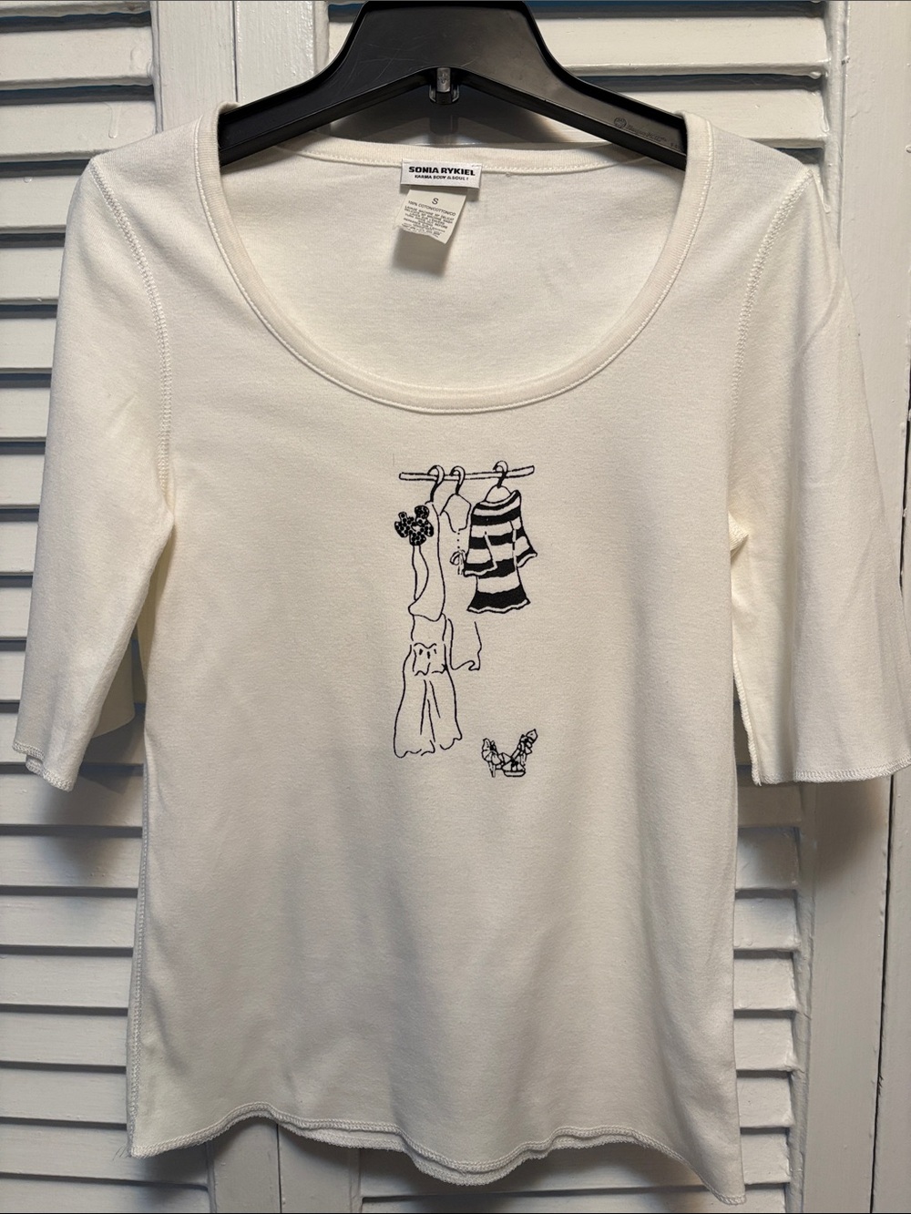 Sonia Rykiel White Scoop Neck Tee with Black Line-Drawn Graphic size Small